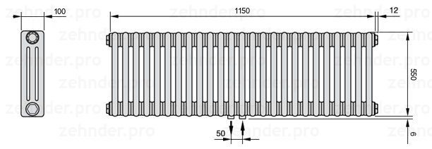 Схема (чертеж) Радиатор Zehnder Charleston 3055/25 №5410 Белый глянцевый RAL 9016